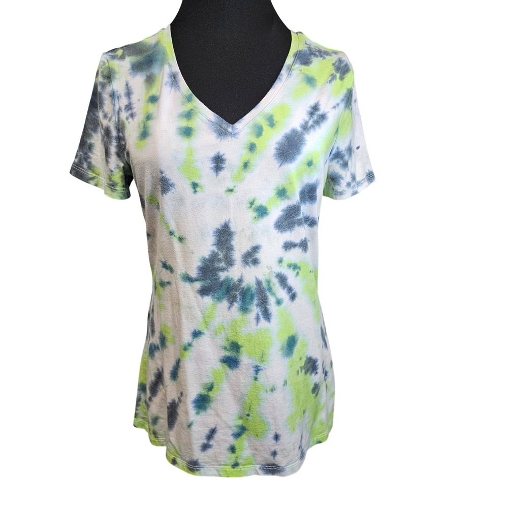 Kelleydeeee OG Tie Dye V Neck T Shirt Cotton Blend Green Blue Gray Medium